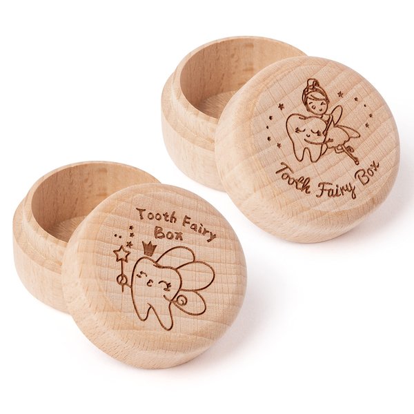 2Pcs Tooth Fairy Box for Boy Girl Wooden Tooth Fairy Keepsake Box to Place Under Pillow Milk Teeth Container Box Cute Lost Tooth Holder Baby Toddler Teeth Case for Baby Shower Birthday Gift