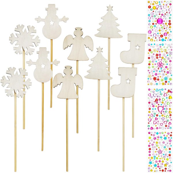 Nwsrayu Christmas Fairy Wands Kit Include 10 Pieces Unfinished Wooden Princess Wand and 4 Gem Stickers Princess Art for Party Supplies Make Your Own Magic Wands