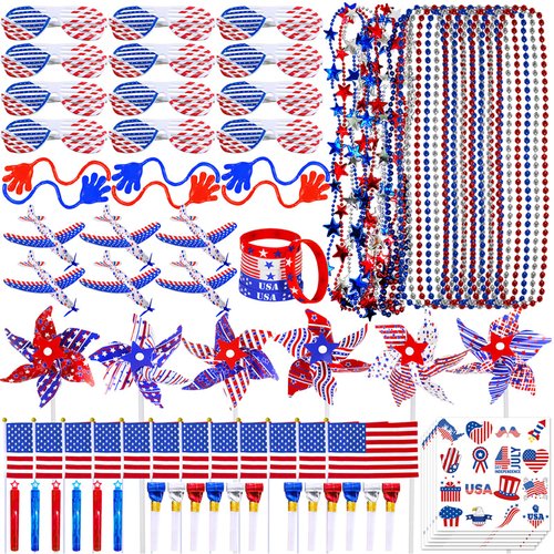 Bulk Patriotic Party Favors Toy Jewelry Assortments American USA Flag Beaded Necklaces Tattoo Sunglasses Pinwheels Red White Blue for Patriotic 4th of July Memorial Day Kids Classroom Rewards Prizes