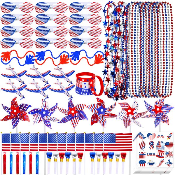 Bulk Patriotic Party Favors Toy Jewelry Assortments American USA Flag Beaded Necklaces Tattoo Sunglasses Pinwheels Red White Blue for Patriotic 4th of July Memorial Day Kids Classroom Rewards Prizes