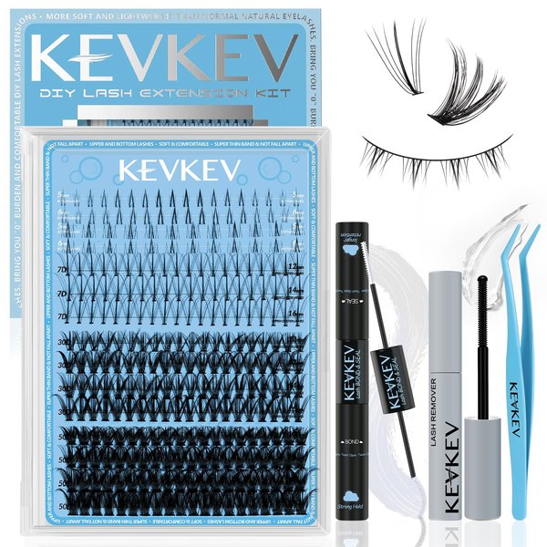 KevKev Lash Extension Kit Multi-Type Mixed Lash Clusters Kit Upper & Bottom Individual Lashes with Lash Bond and Seal Lash Remover Lash Applicator for Self Application (7D+30D+50D, D-5-16mix)