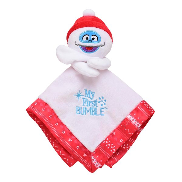 Baby Plush Rattle Snuggle Blanket with Satin and My First Bumble Embroidery for Christmas (White/Red, 12 inch)