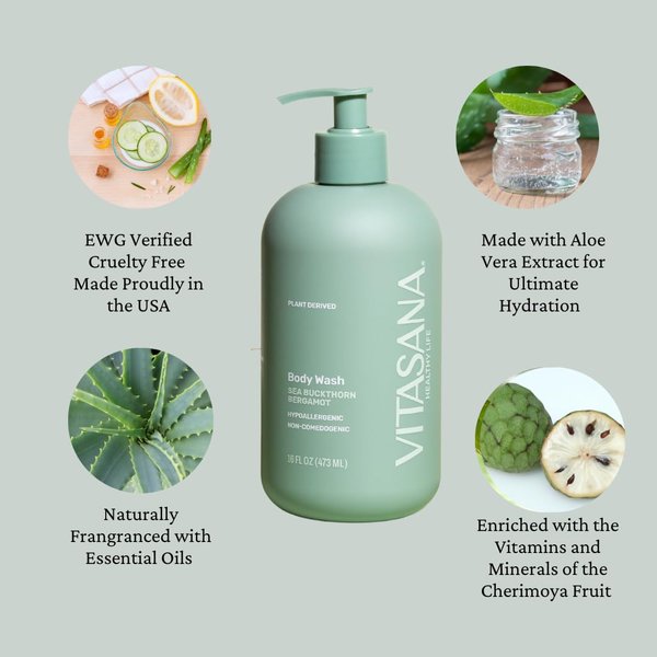 Vitasana Body Wash, EWG Verified, Plant Derived, Hypoallergenic, Paraben-Free, Sulfate-Free, Petroleum-Free, Cruelty-Free, Sea Buckthorn/Bergamot, 16oz