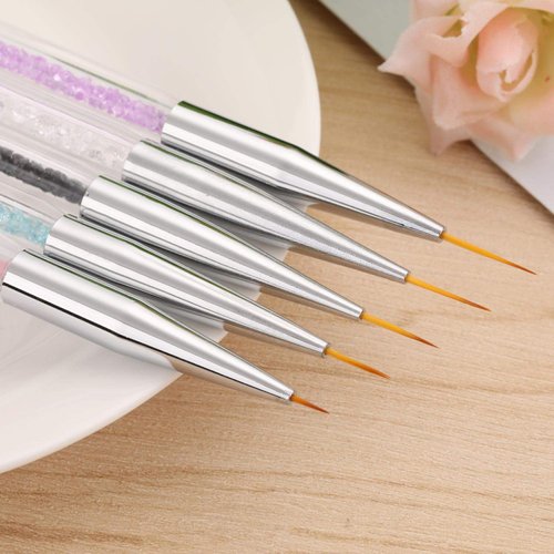 Gel Polish Nail Art Brushes Set-5 Pcs Dual-ended Nail Paint Brushes for Nail Art with Fine Liner Brushes and Dotting Pen (5,7,9,11,13 mm)