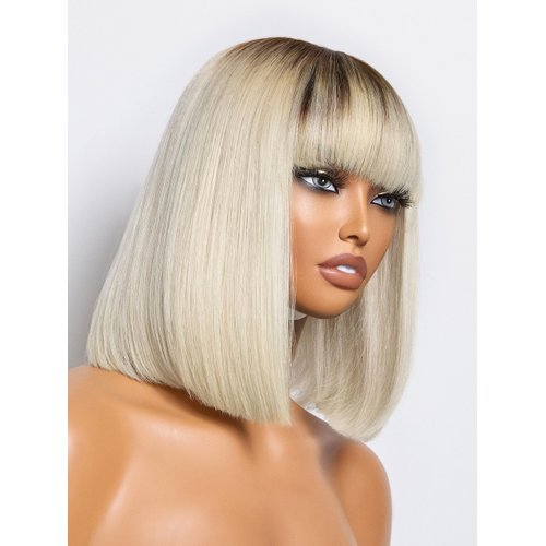 LUVME HAIR Ombre Blonde Bob Wig with Bangs Human Hair, Silky Straight Platinum Blonde Human Hair Short Wigs with Dark Roots, Ready to Go Lace Bang Bob Wig 10 Inch
