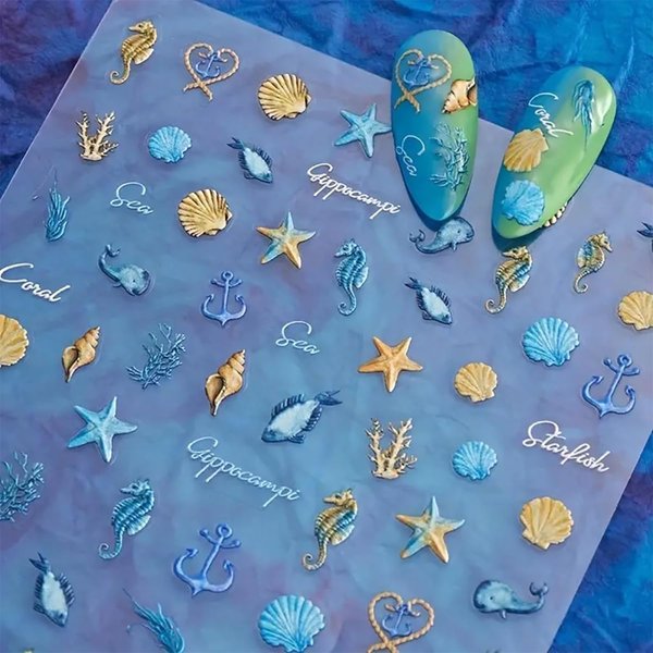 Summer Seashell Starfish Nail Art Stickers 5D Embossed Nail Decals Cute Ocean Sheel Nail Art Designs Ocean Theme Nail Stickers Self Adhesive Nail Art Supplies for Women DIY Nail Salons