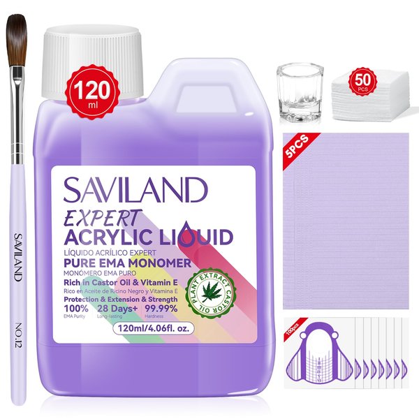 SAVILAND EMA Monomer Acrylic Nail Liquid: 4OZ Pure EMA Nail Monomer Castor Oil Vitamin E Acrylic Liquid Kit Professional Nail Extension Acrylic Brush Nail Form Nail Table Mat Manicurist Salon