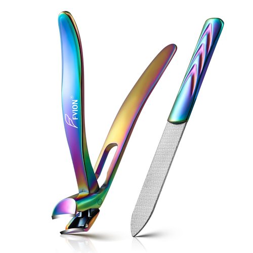 FVION Angled Head Toe Nail Clippers, Ergonomic Curved Toenail Clippers for Seniors Long Handle with Nail Catcher and Metal Nail File, Precision Toenail Clippers for Thick Toenails (Multi)