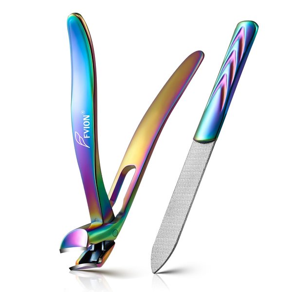 FVION Angled Head Toe Nail Clippers, Ergonomic Curved Toenail Clippers for Seniors Long Handle with Nail Catcher and Metal Nail File, Precision Toenail Clippers for Thick Toenails (Multi)