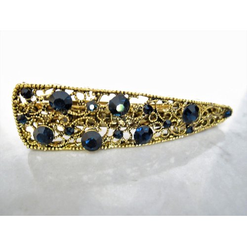 Generic Art deco blue silver amber gold flower crystal hair clip barrette (Primary color: Blue), 1 Count (Pack of 1)