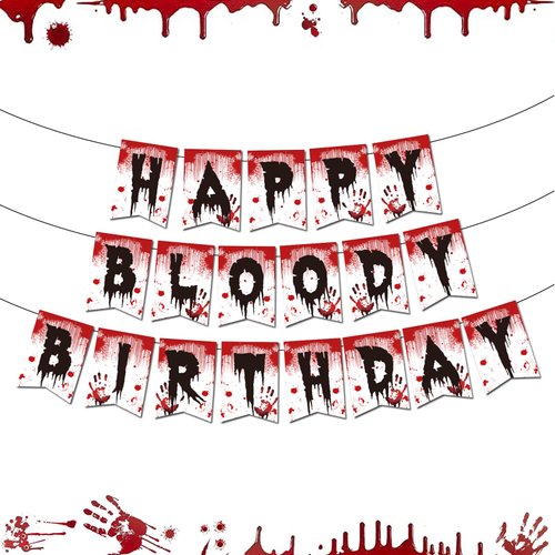 Horror Themed Birthday Party Banner – Halloween Happy Birthday Banner, Red and Black Halloween Birthday Party Decorations Halloween Party Supplies