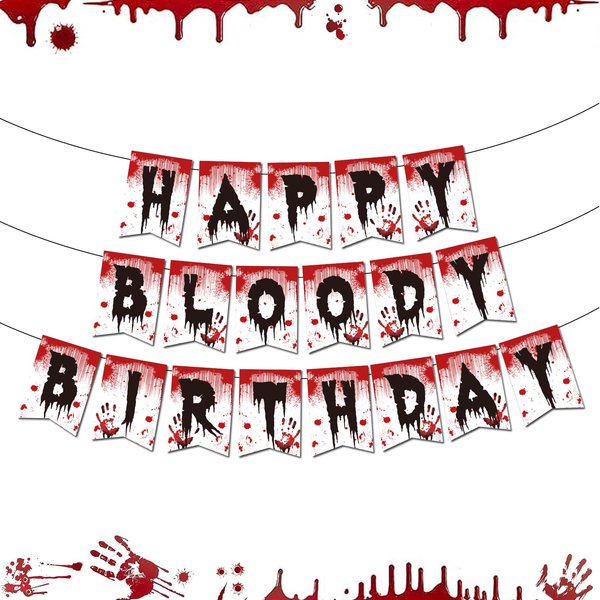 Horror Themed Birthday Party Banner – Halloween Happy Birthday Banner, Red and Black Halloween Birthday Party Decorations Halloween Party Supplies