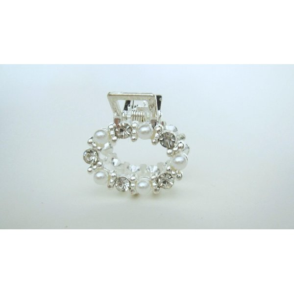 Generic Small oval circle pearl crystal silver metal hair claw clip bridal clip