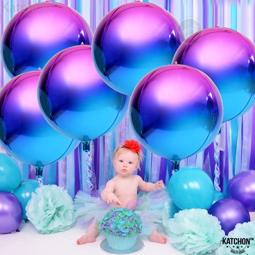 KatchOn, Purple Galaxy Balloons - 22 Inch, Pack of 6 | Iridescent Balloons, Round 4D Metallic Balloons for Galaxy Birthday Party Decorations | Purple and Blue Balloons for Galaxy Party Decorations