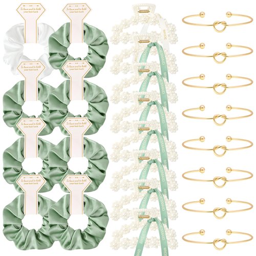 DEEKA 24 Pcs Bridesmaid Gifts Set Pearl Hair Claw Clips & Tie the Knot Bridesmaid Bracelet & Satin Scrunchies Proposal Gift Box Bridal Party Gift Bachelorette Party Favors (White&Sage Green)