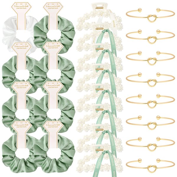 DEEKA 24 Pcs Bridesmaid Gifts Set Pearl Hair Claw Clips & Tie the Knot Bridesmaid Bracelet & Satin Scrunchies Proposal Gift Box Bridal Party Gift Bachelorette Party Favors (White&Sage Green)