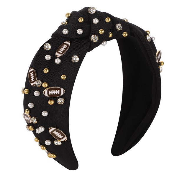 Football Headband for Women, Crystal Knotted Headband with Rugby Pearl Charms Wide Top Knot Headband Rhinestone Jeweled Football Hairband Game Accessories for Fans, Football Lovers(Black)