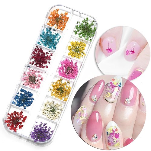 Twpribarn 36pcs Dried Flowers for Nail Art, 12 Colors Dried Flowers for Nails Design Real Natural 3D Nail Art Design Decoration Supplies Fall Nails Supply Floral Stickers and Decals for Women Girls