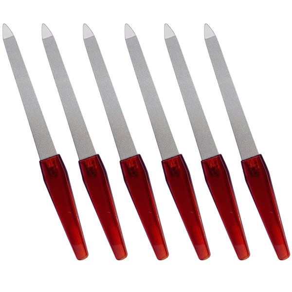 Nail File (6 Pcs), Metal Nail Files for Natural Nails Made of Stainless Steel with Sharp Pointed Tip Non Slip Handle, Double Sided Sapphire Grit Fingernails Filers Sword Brown