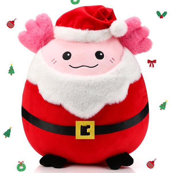 Huwena Christmas Axolotl Plush Throw Pillow 14 Inch Santa Axolotl Stuffed Animal Soft Cuddly Xmas Axolotl Pillow Jumbo Axolotl Plush Gift for Christmas New Year Hugging Home Office Sofa Decors