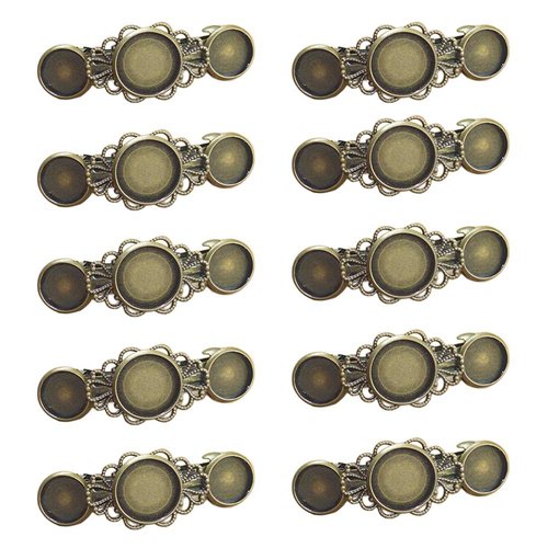 10 Pieces Metal Hair Clips with Blank Round Tray Base Fits 12mm and 16mm Round Hair Clip Cabochon Settings Hair Barrettes with Blank Hairgrip Base Trays for DIY Hair Accessories Making, Antique Bronze
