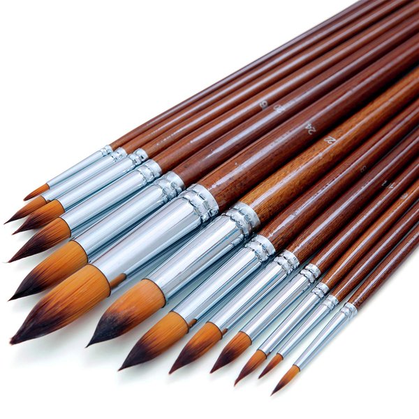 Artist Watercolor Paint Brushes Set 13pcs - Round Pointed Tip Soft Anti-Shedding Nylon Hair Wood Long Handle - Detail Paint Brush for Watercolor, Acrylics, Ink, Gouache, Oil, Tempera, Paint by Numbers