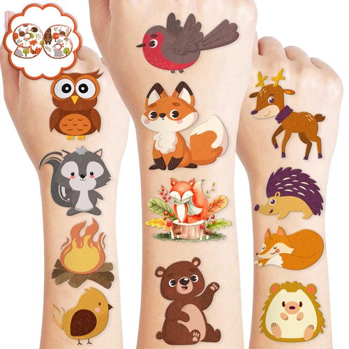 Woodland Temporary Tattoos Sticker for Kids Birthday Party Supplies Decorations Party Favors 96PCS Tattoo Forest Autumn Fall Animal Super Cute Themed Cute Kids Boy Gifts Ideal School Prizes