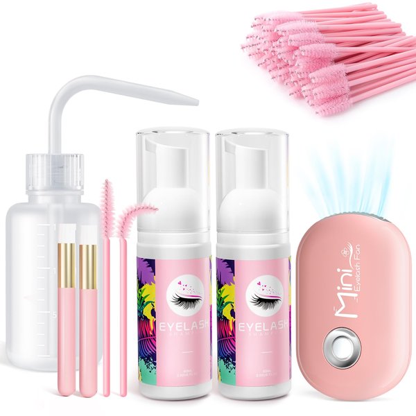 Eyelash Extension Cleanser with Lash Fan 2pcs 60ml Lash Shampoo for Lash Extensions Complete Lash Cleaning Kit Lash Extension Kit, Valentines Presents for Women Beginners Home Salon Use