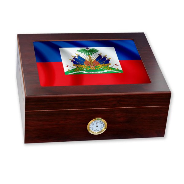 ExpressItBest Premium Desktop Humidor - Glass Top - Flag of Haiti (Haitian) - Waves Design - Cedar lined with humidifier & front mounted hygrometer.