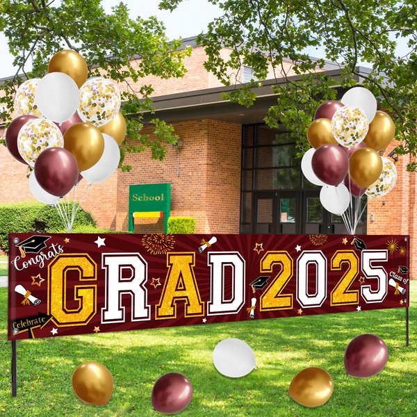 Maroon and Gold Graduation Yard Sign Banner Party Decoration Class of 2025, Maroon and Gold Congrats Banner Graduation Yard Sign 2025 with Balloons for Outdoor Graduation Party Supplies