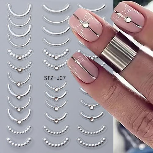 4 Sheets French Tip Nail Stickers 3D Self-Adhesive Gold Sliver Lines Nail Art Stickers Curved Stripe Designs with Crystal Rhinestones French Nail Decals for Women Girls Acrylic Manicure Decorations