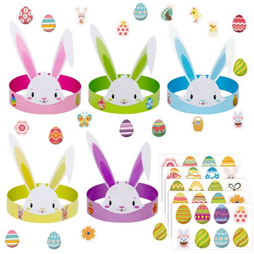 Vinsot 90 Pieces Easter Crafts for Kids Easter Party Decorations Easter Paper Headband Easter Bunny Head Bands Crafts Kit Easter Egg Colorful Element Sticker with Dispensing DIY Supplies