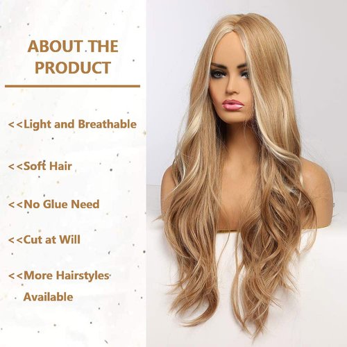 piaou Long Blonde Wig for Women Blonde Ombre Long Wigs Natural Wavy Synthetic Wigs Middle Part Heat Resistant Hair Cosplay Daily Party Wigs Natural Looking（26inch blonde）