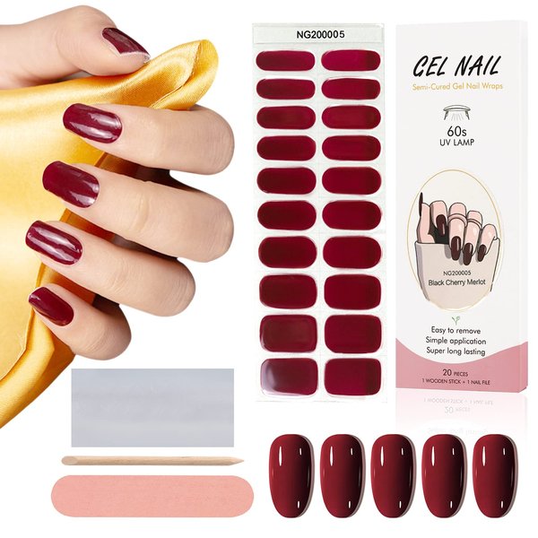 Kalolary 20PCS Semi Cured Gel Nail Polish Strips, Wine Red Adhesive Full Wrap Gel Nail Art Sticker, Waterproof Gel Nail Wrap Stickers with Nail File and Stick（UV/LED Lamp Required）