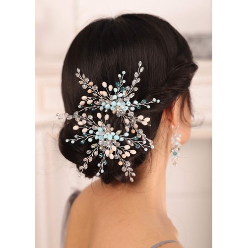 Kercisbeauty Mint Crystal Beads Hair Pins Set for Women and Girls Hair Piece and Dangle Drop Earrings Set Special Occasion Hair Accessories (Jewelry Set)