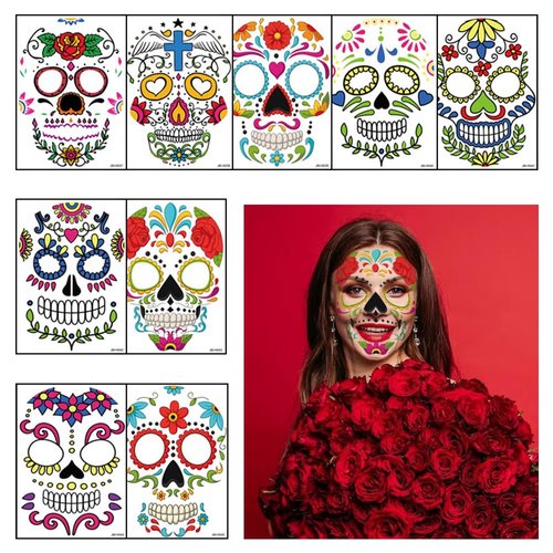 Hying 9 PCS Day of The Dead Temporary Tattoos Halloween Skeleton Face Tattoos Sugar Floral Skull Temporary Face Stickers Day of The Dead Makeup Tattoos for Mexican Halloween Party Favor Supplies