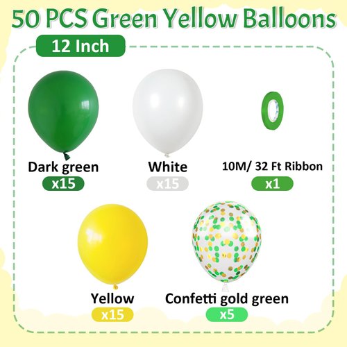 Paready Green and Yellow Balloons, 50 Pcs Yellow Green Confetti Balloons, 12 Inch Dark Green Yellow White Latex Balloons Helium for Birthday Party Graduation Class of 2024 Tractor Party Decorations