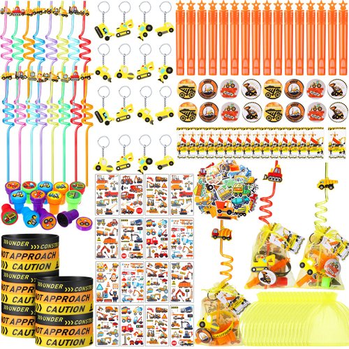 HyDren 194 Pcs Construction Party Favors for 16 People Include Straws Bubble Wands Bracelet Keychain Tattoo Sticker Badge Stamps Cards Organza Bags for Boys Girls Birthday Party Supplies Class Reward