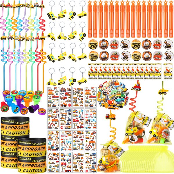 HyDren 194 Pcs Construction Party Favors for 16 People Include Straws Bubble Wands Bracelet Keychain Tattoo Sticker Badge Stamps Cards Organza Bags for Boys Girls Birthday Party Supplies Class Reward