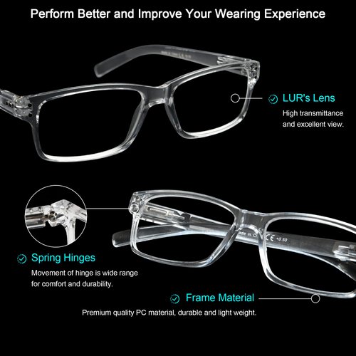 LUR READING GLASSES 6 Pack Spring Hinge Comfort Plastic Readers (Clear)