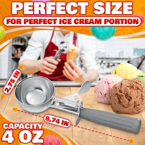 4 oz Ice Cream Scoop with Trigger - Trigger Release Ice Cream Scoop #8, for Baking, Cookies and Desserts, Easy to Use and Clean, 8.74 x 2.75 Convenient Size, Dishwasher-Safe, Ergonomic Handle Design