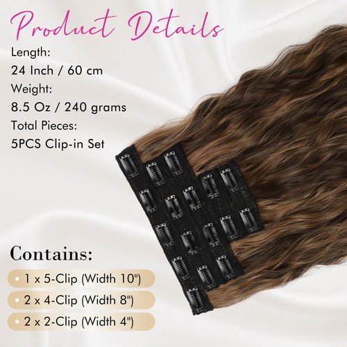 REECHO Clip in Hair Extensions, 5PCS Ash Blonde Hair Extensions 24" Thick Long Loose Waves hair extensions HE002 Invisible Lace Weft – Chocolate Brown with Golden Highlights