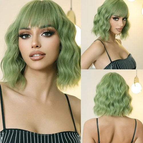 incohair 12 Inches matcha green Wig with Bangs Women Girls Short Curly Wavy Bob Wig Shoulder Synthetic Party Wigs Wig Cap Included (matcha green)