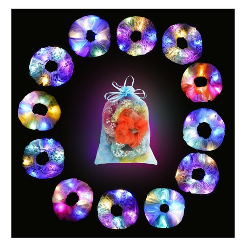 Lolalet 12PCS LED Light Up Hair Scrunchies, Neon Hair Ties for Girls, Glow in the Dark Accessories for Sleepover Party Favors, Colorful Elastic Band for Rave Festival Dance Night Events -Style B