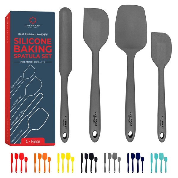 Culinary Couture 4-Piece Grey Silicone Baking Spatula Set - Rubber Spatulas Silicone Heat Resistant up to 608°F, BPA-Free - Silicone Spatula Set for Nonstick Cookware - Silicone Baking Utensils