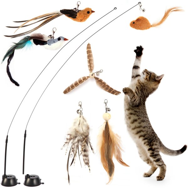 Maiguangta Interactive Bird Simulation Cat Toy Set,Cat Wand Toys,Wand Self-Holding Suction Cups Base,Include Detachable 6 Pcs Replacements Feathers Toys