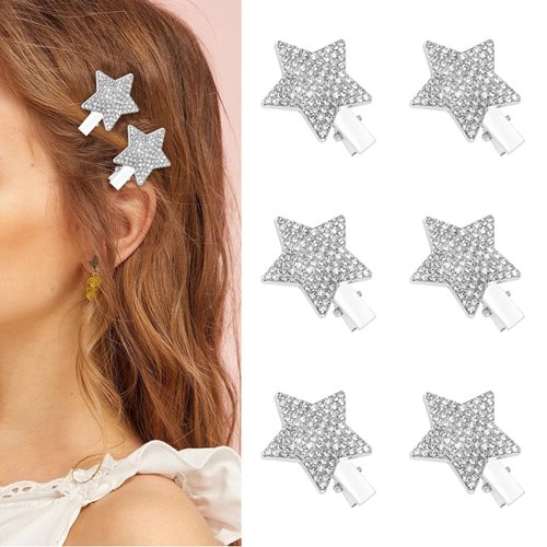 Wecoe 6pcs Silver Star Hair Clips, Rhinestone Alligator Hair Clips for Girls, Women, Kids, Toddlers, Hair Securing, Hairdressing, Y2k Short Hair Accessories, Gift