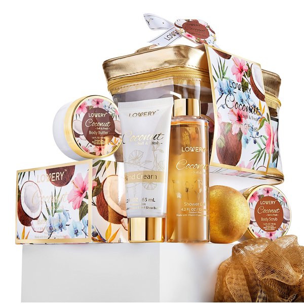 Bath and Body Gift Set, Coconut Bath Set, Spa Gifts for Women, Home Spa Kit, Self Care - 24K Gold Bath Bomb, Body Lotion, Shower Gel, Body Butter, Scrub, Salts, Shower Puff, Cosmetic Bag