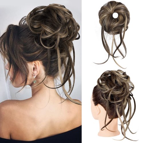 HOOJIH Messy Bun Hair Piece, Super Long Tousled Updo Hair Bun Extensions Wavy Hair Wrap Ponytail Hairpieces Hair Scrunchies with Elastic Hair Band HB007 Grace - Chocolate Brown Ash Blonde Highlights