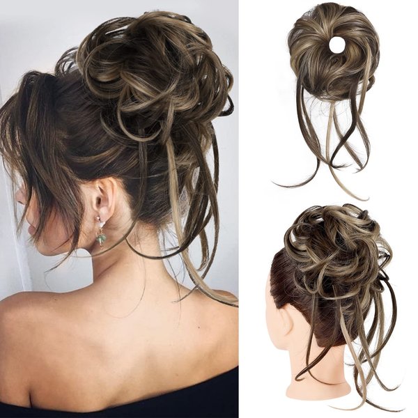 HOOJIH Messy Bun Hair Piece, Super Long Tousled Updo Hair Bun Extensions Wavy Hair Wrap Ponytail Hairpieces Hair Scrunchies with Elastic Hair Band HB007 Grace - Chocolate Brown Ash Blonde Highlights